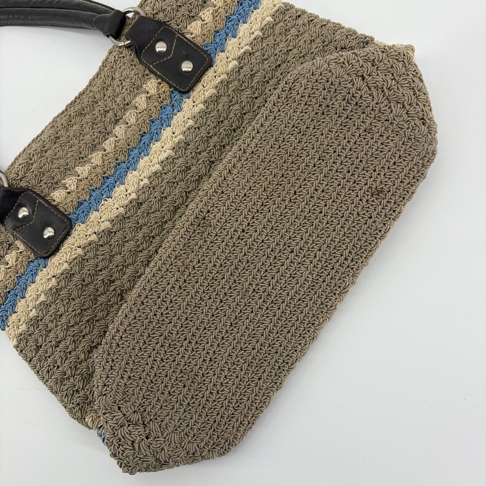 Crocheted Striped Tote Bag Brown Tan Blue Faux Leather Handles - Picture 6 of 8